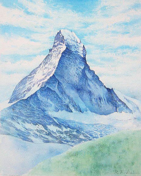 アクリル画　スイス マッターホルン 60cm x 84cm（A1） 水彩画テラス】山・高原の風景「朝・マッターホルン」スイス
